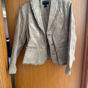 Bernardo Women's Taupe Genuine Leather Blazer with Ruffle Trim